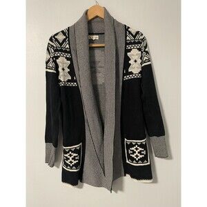 YET AGAIN Womens Black Southwest Aztec Shawl Collar Cardigan Sweater 100% Cotton